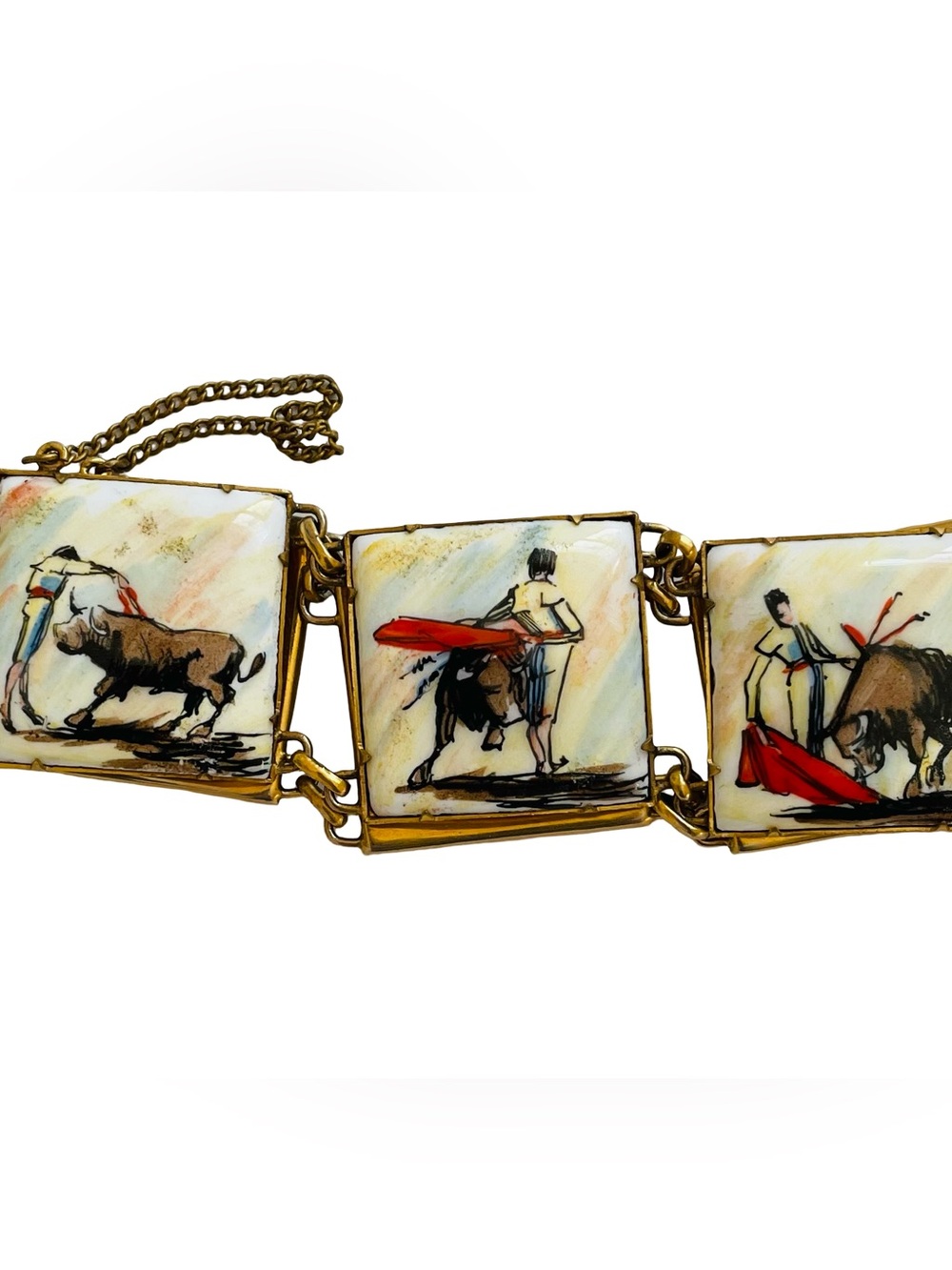 Mid-Century Bullfighting Goldtone And Glass Panel Bracelet